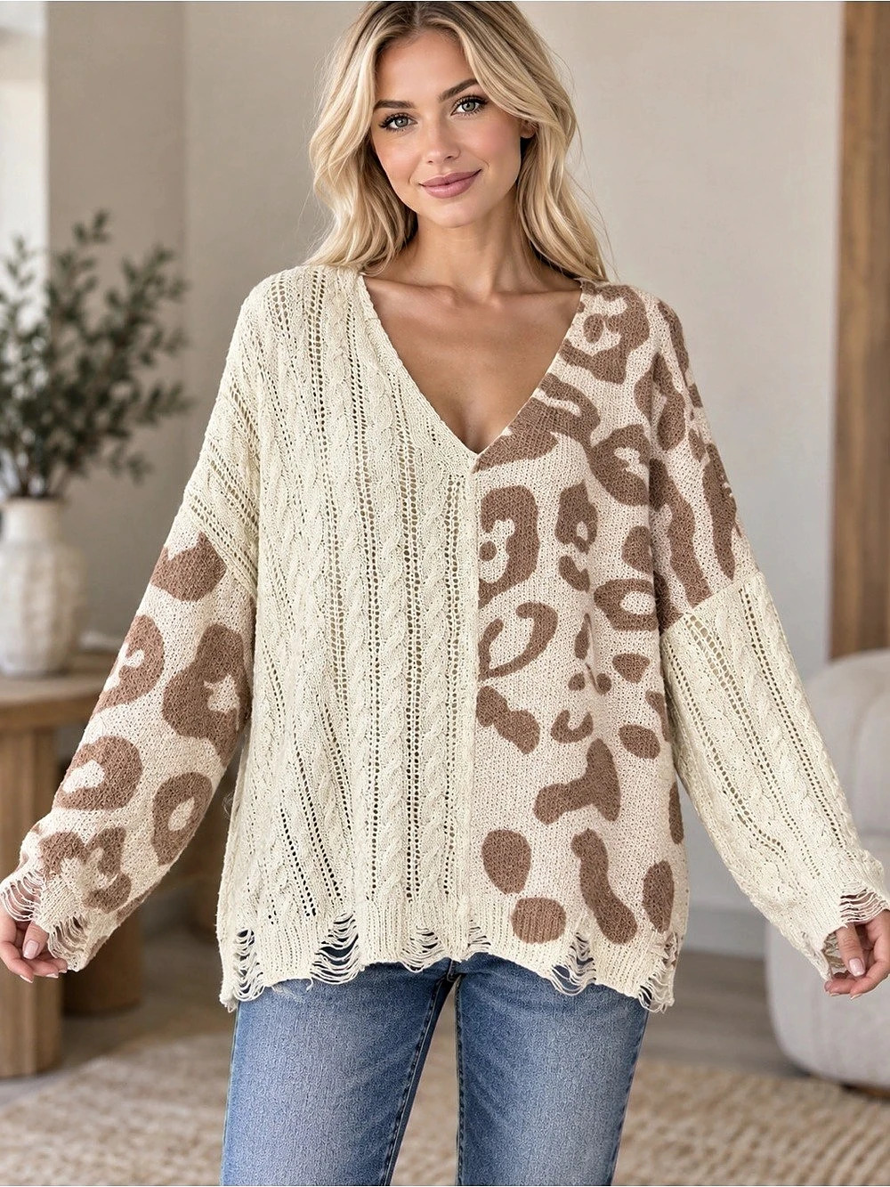 POL V-Neck Animal Print Sweater Size Medium